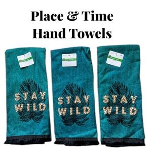 NWT Place & Time Green And Black Hand Towels Set Of 3 Wild Summer Collection